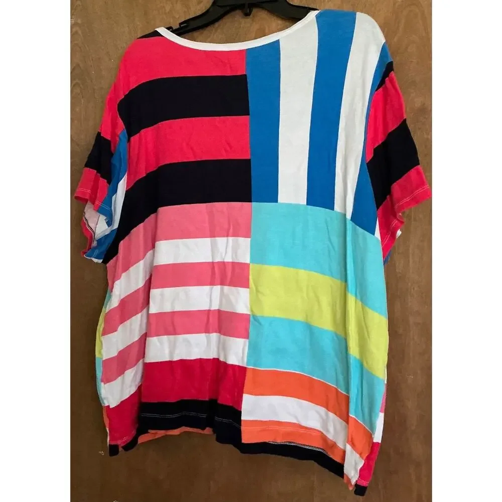 Westbound Woman Pullover Short Sleeve Blouse 3X Block Colors, Stripes - Picture 3 of 9